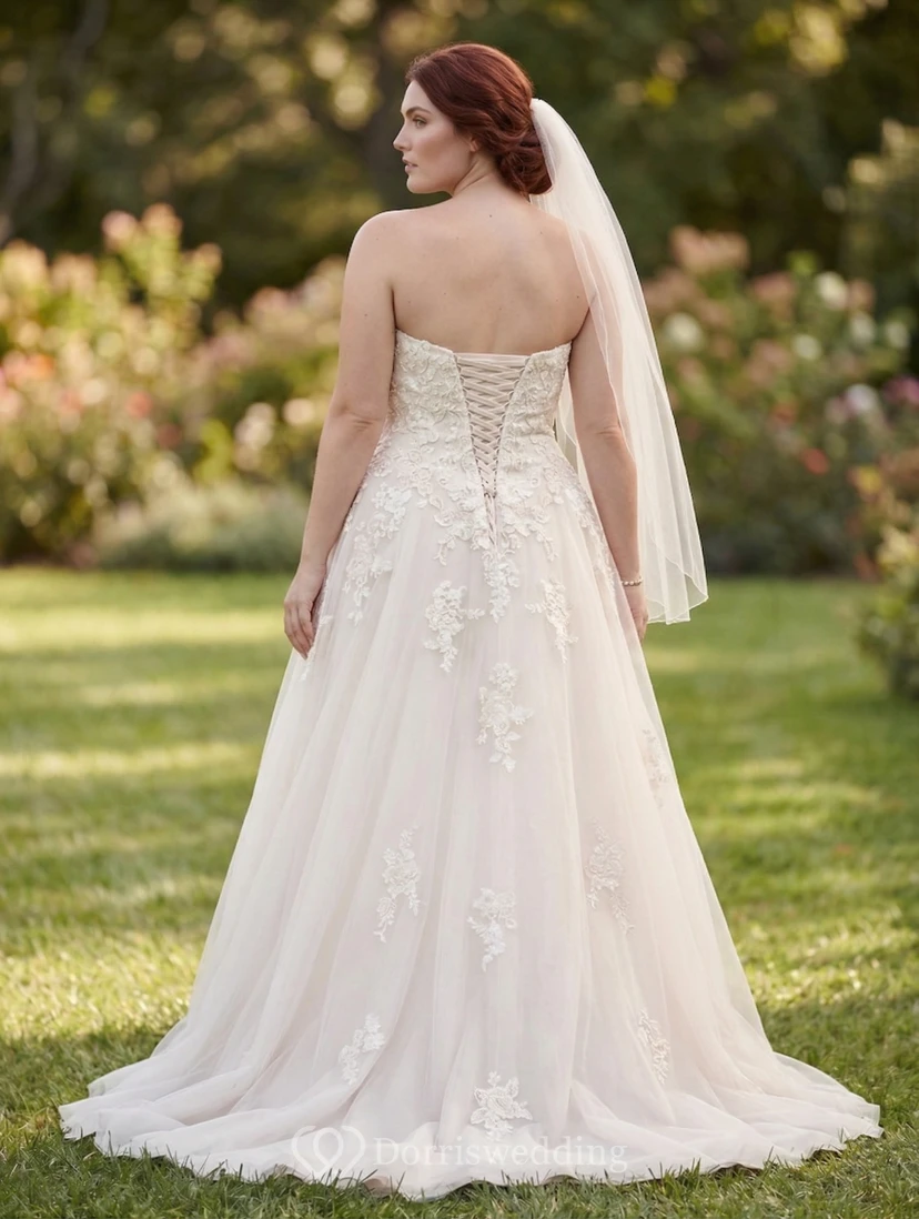 Plus Size Strapless Sweetheart Lace Tulle A-Line Wedding Dress view 2