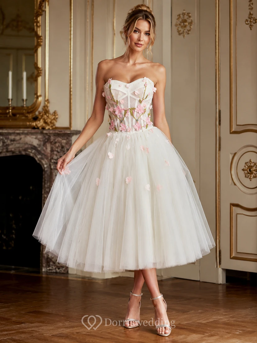 Ivory Strapless Cocktail Dress with Floral Appliqué