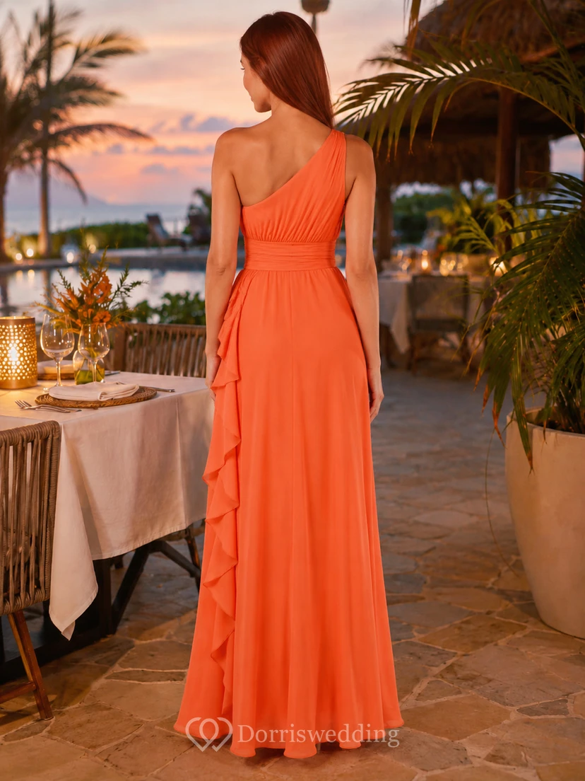Coral one shoulder ruffle chiffon maxi dinner dress view 2