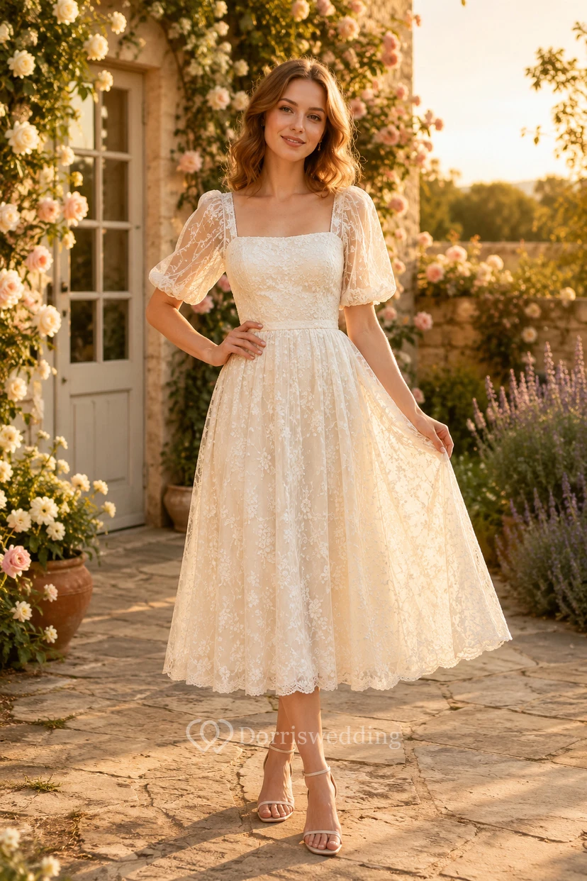 Wedding Guest Dress Ivory Lace A-Line Square Neck Short Sleeve Tea Length