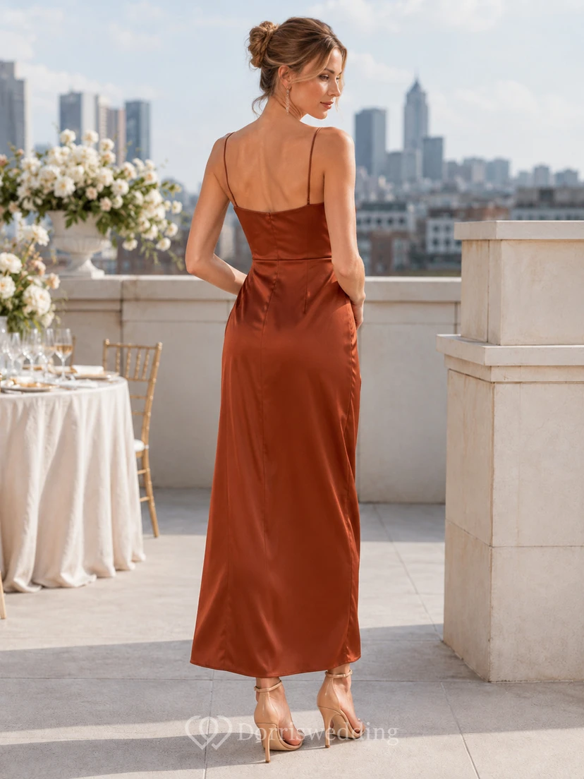 Brown Cowl Neck Strappy Draped Satin Ankle Guest Dress view 2