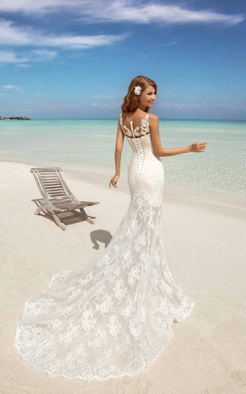 Robe sirène longue sans manches à décolleté cœur et lacets, ornée d'appliques en dentelle view 3