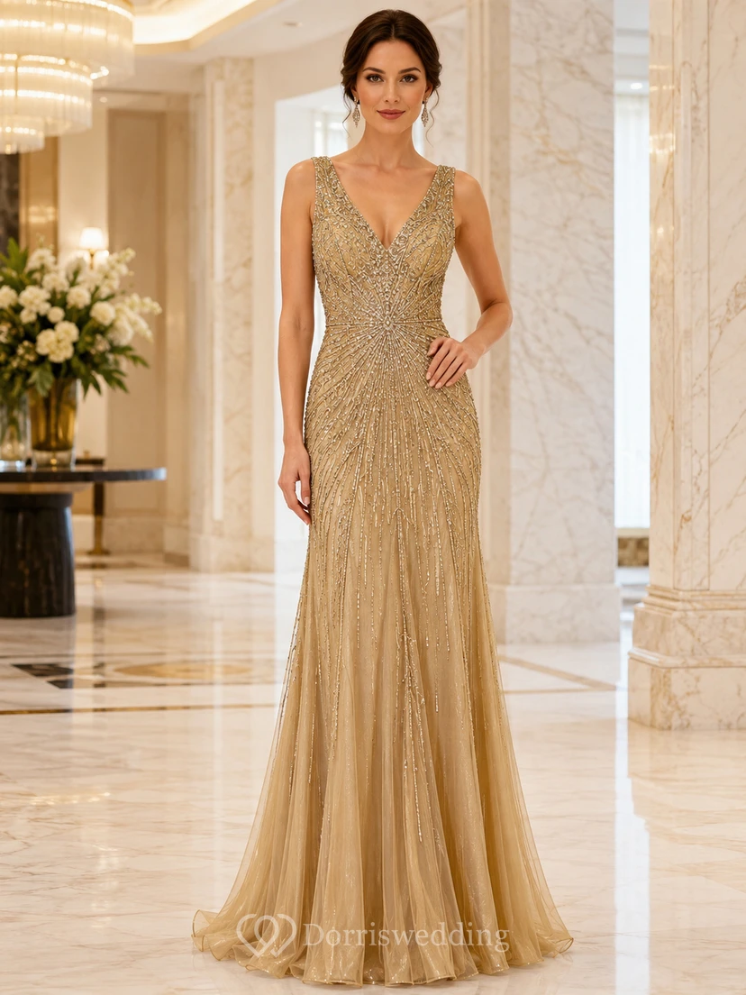 Vestido de noche largo hasta el suelo, de lujo, color dorado, con escote en V profundo, tirantes anchos, lentejuelas y abalorios.