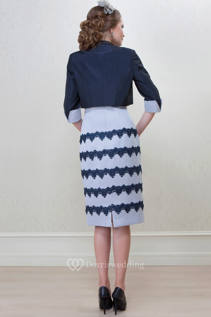 Knee-Length Pencil Square Neck Cap Sleeve Appliqued Satin Mother Of The Bride Dress view 4