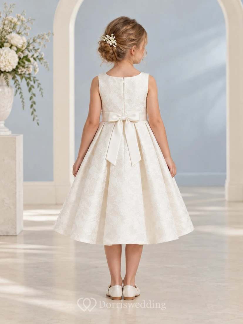 Tea-length Vintage Ivory A-line Floral Textured Sleeveless Bow-back Flower Girl Dress view 2