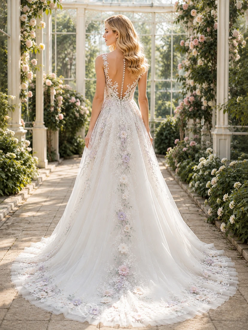 Pastellfarbenes A-Linien-Kleid mit Blumenapplikationen im Gewächshausstil, V-Ausschnitt view 2