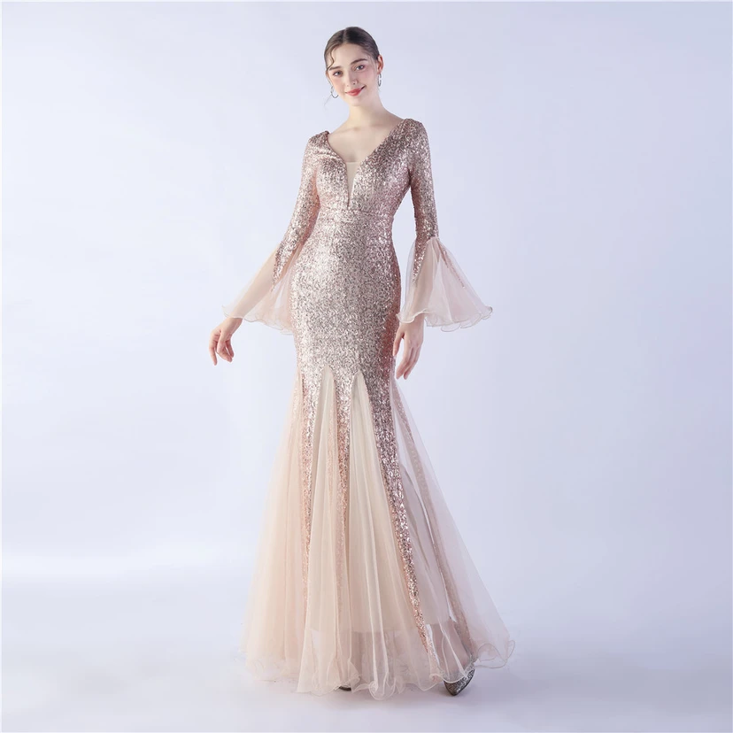 Vestido de noche con lentejuelas, bordado de malla encriptada, estilo artesanal de seda de pez y borde ondulado. view 33