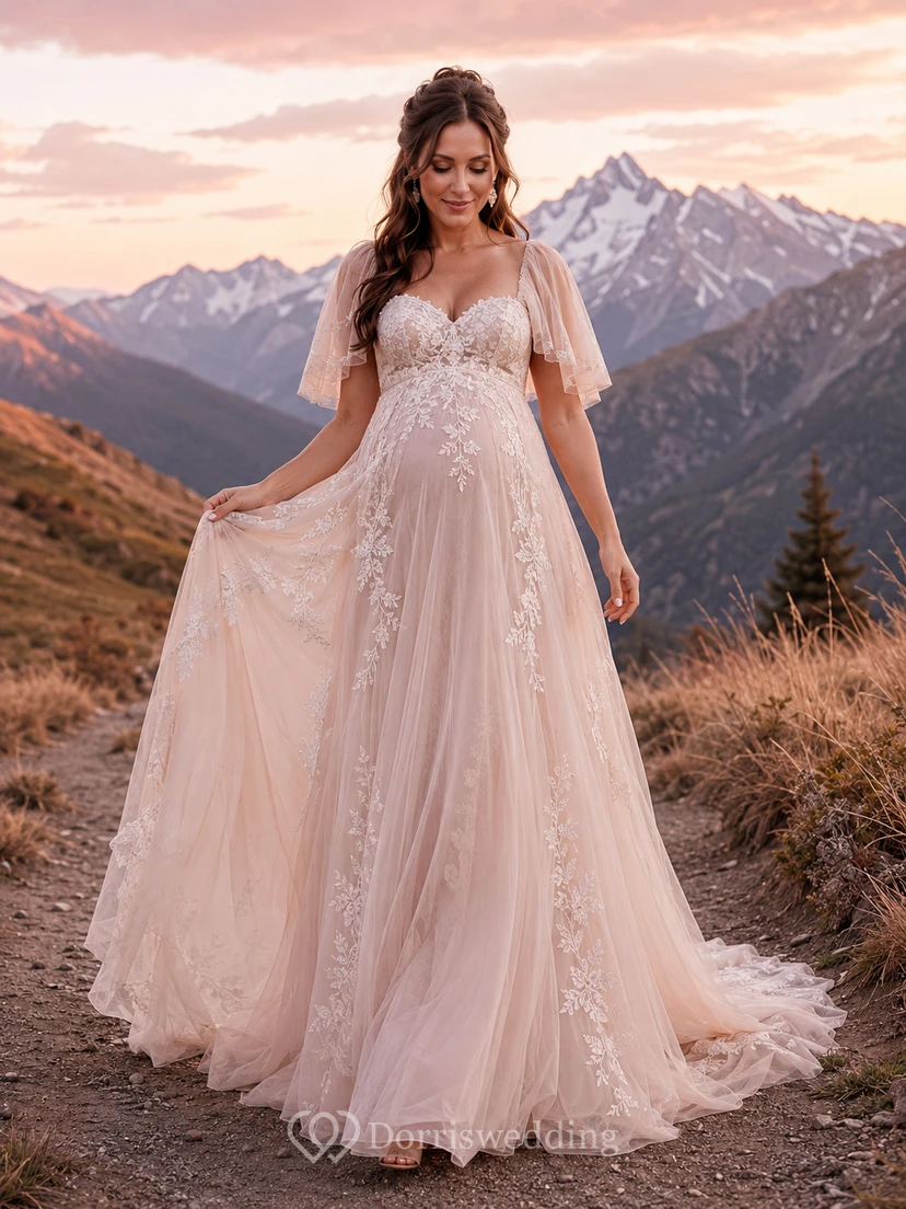 Maternity Wedding Dress Sweetheart Flutter Sleeve Lace Mountain Bridal Gown with Soft Train