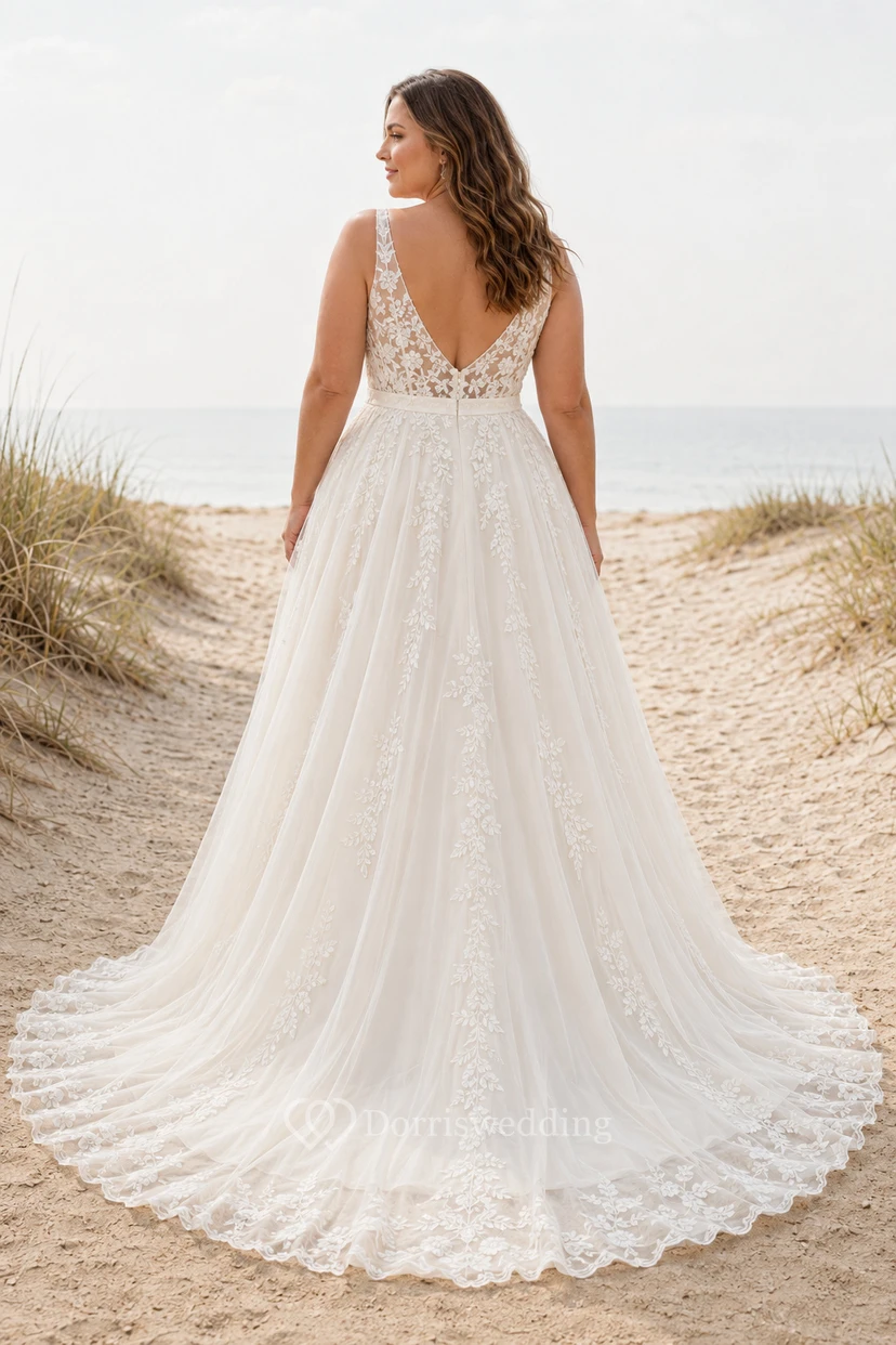 Plus Size V-Neck Straps Tulle A-Line Wedding Dress with Lace Bodice view 2