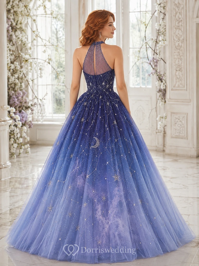 Wisteria High Neck Sleeveless Starry Tulle A-Line Floor-Length Prom Dress view 2