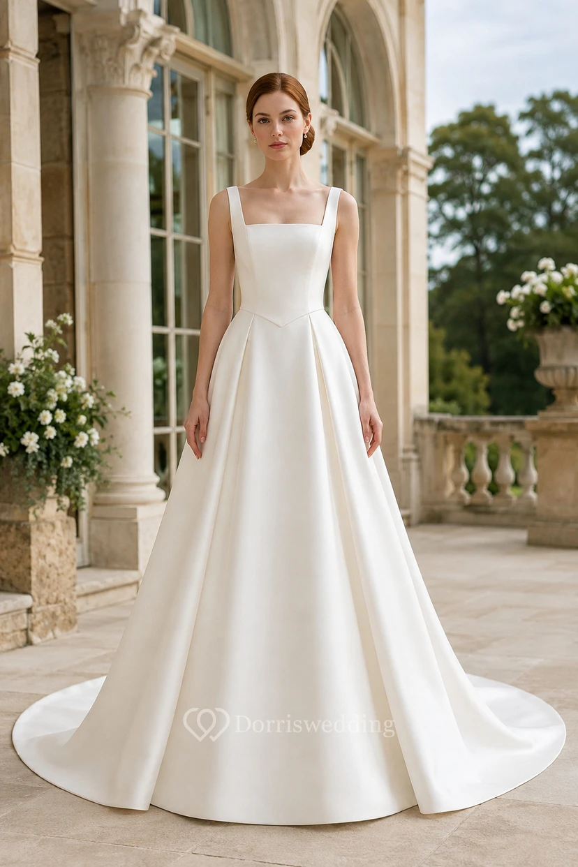 Vestido de novia de satén con escote cuadrado, corte en A, tirantes y cola larga.