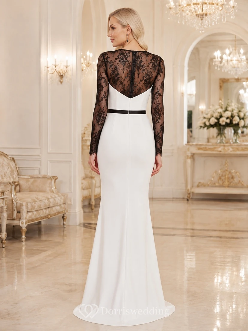 White Black Long Sleeve Bateau Lace Jersey Mermaid Floor-Length Elegant Formal Gown view 2