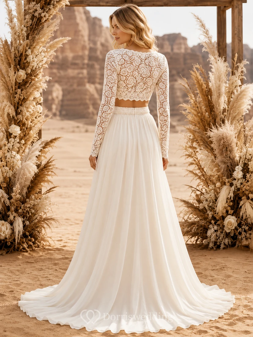 Crochet Lace Long Sleeve Crop Top Desert Ceremony Bridal Set view 2
