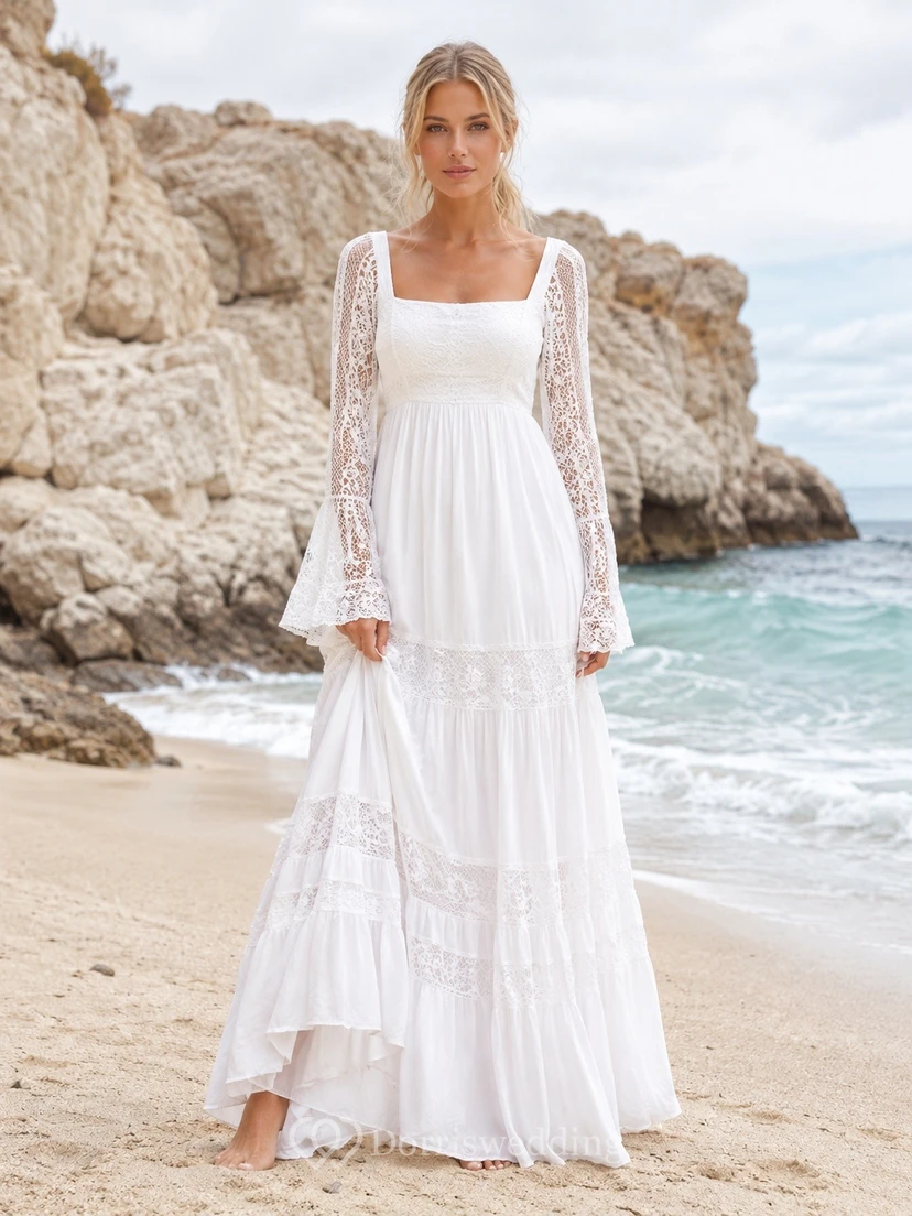 Boho Modest Square Neck Long Sleeve Tiered Chiffon Beach Dress