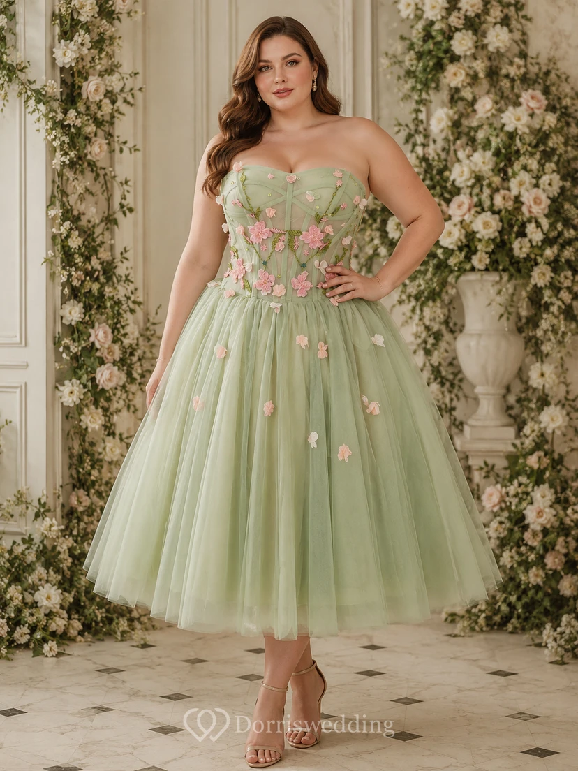 Ivory Strapless Cocktail Dress with Floral Appliqué view 4
