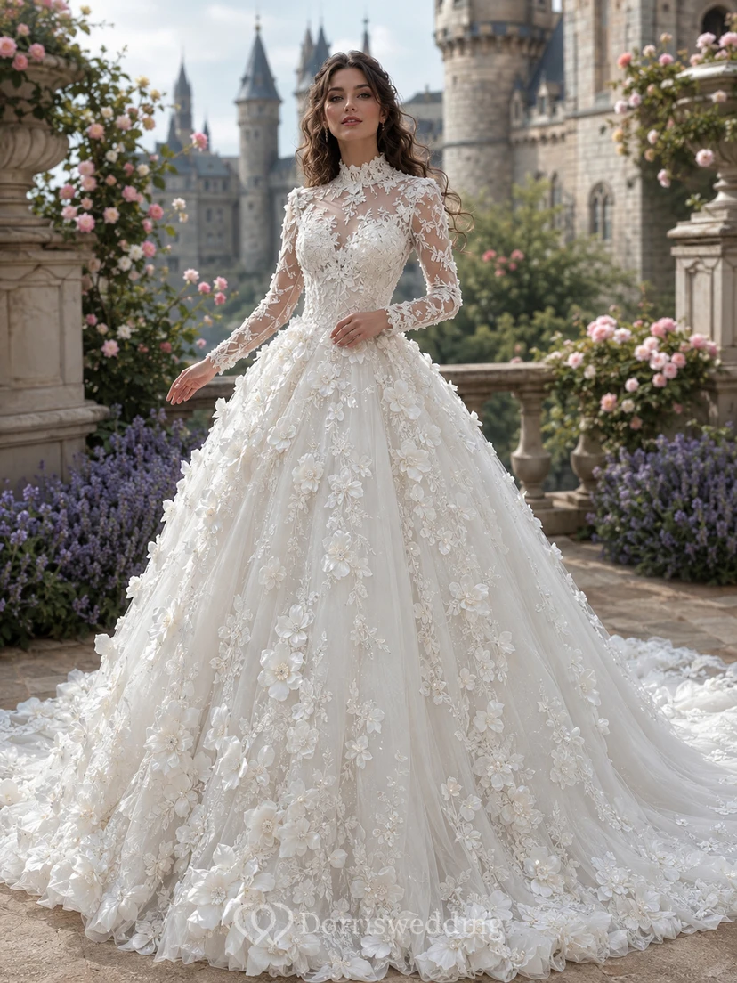 Long Sleeve 3D Floral Castle Garden Ball Gown