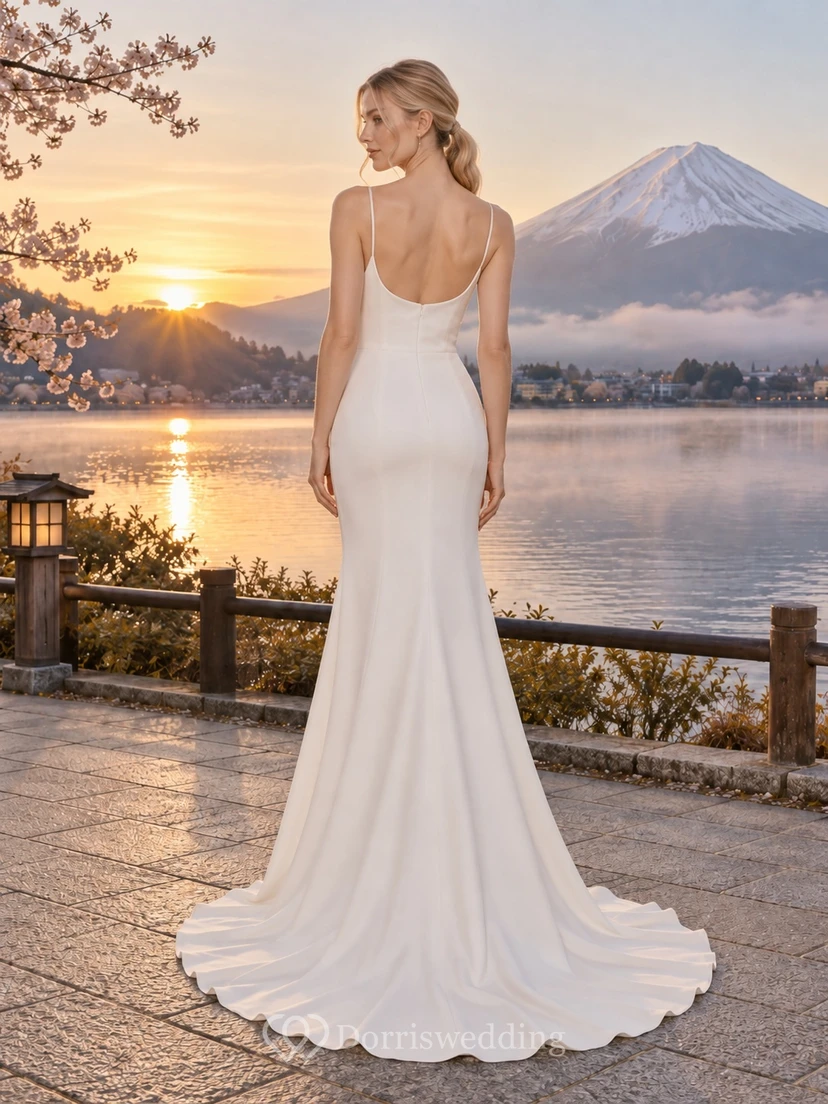 Schlichtes Meerjungfrauen-Brautkleid mit Wasserfallausschnitt, Spaghettiträgern und Schleppe view 2