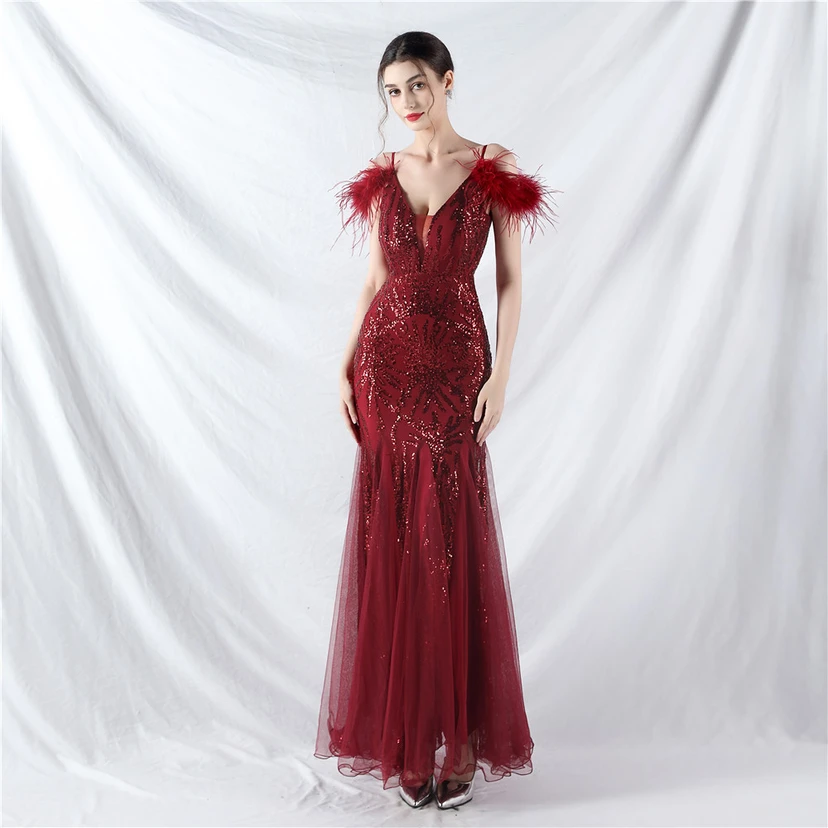 9-farbiges, handgefertigtes Abendkleid aus Kamelfedern, Netzstoff und Pailletten, sexy Trägern view 61