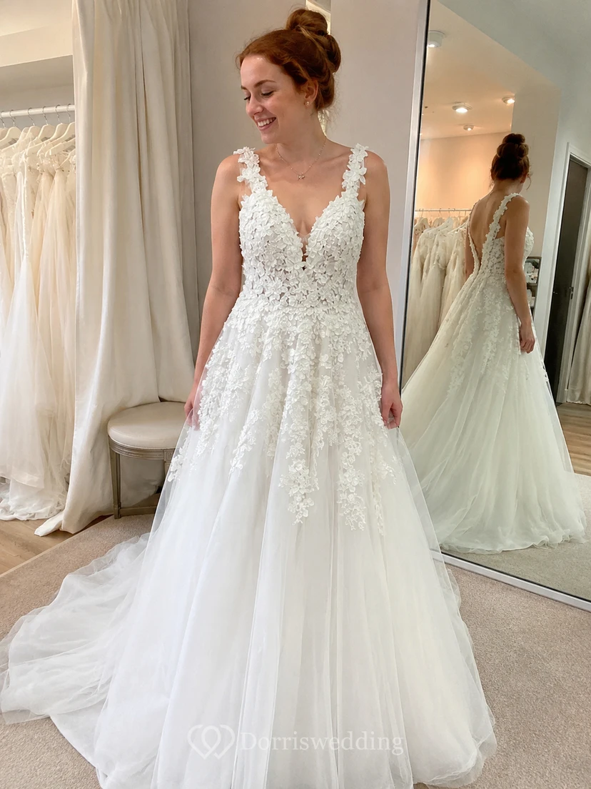 Elegantes, ärmelloses Empire-Brautkleid aus Spitze und Tüll mit V-Ausschnitt und A-Linien-Schnitt view 6
