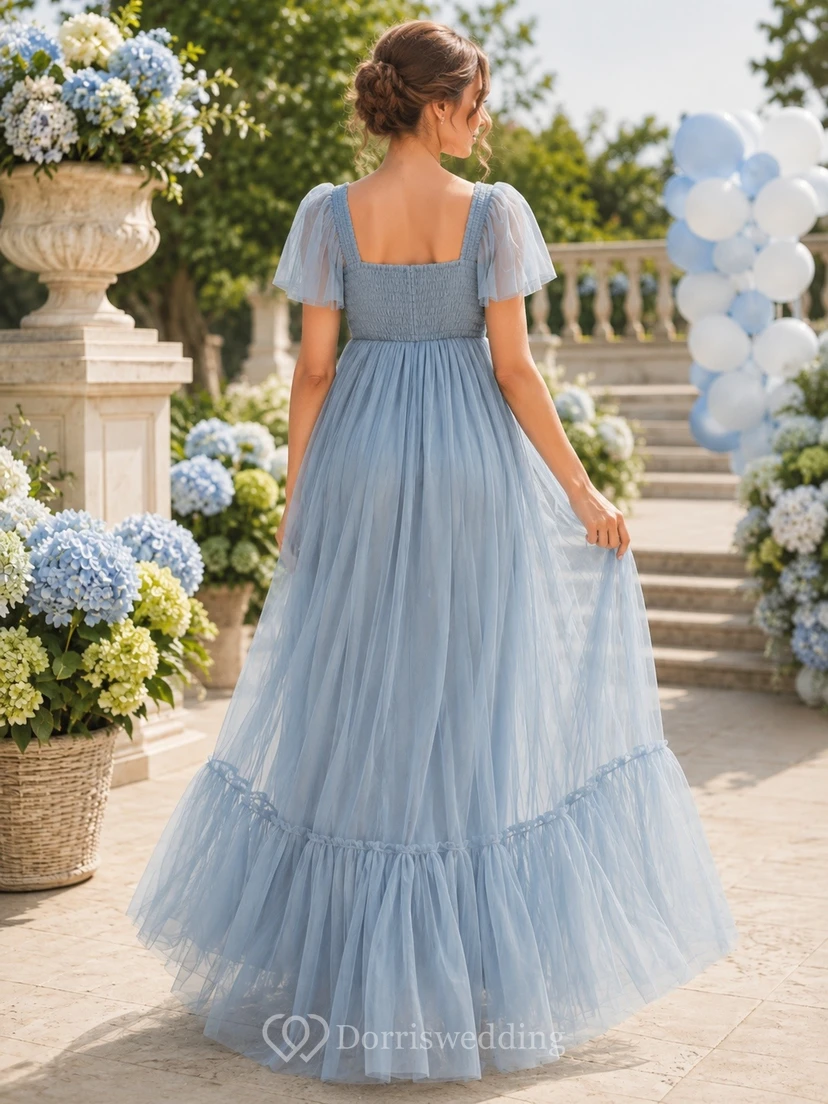 Maternity Romantic Sky Blue Square Neck Puff Sleeve Empire Tulle Dress view 2