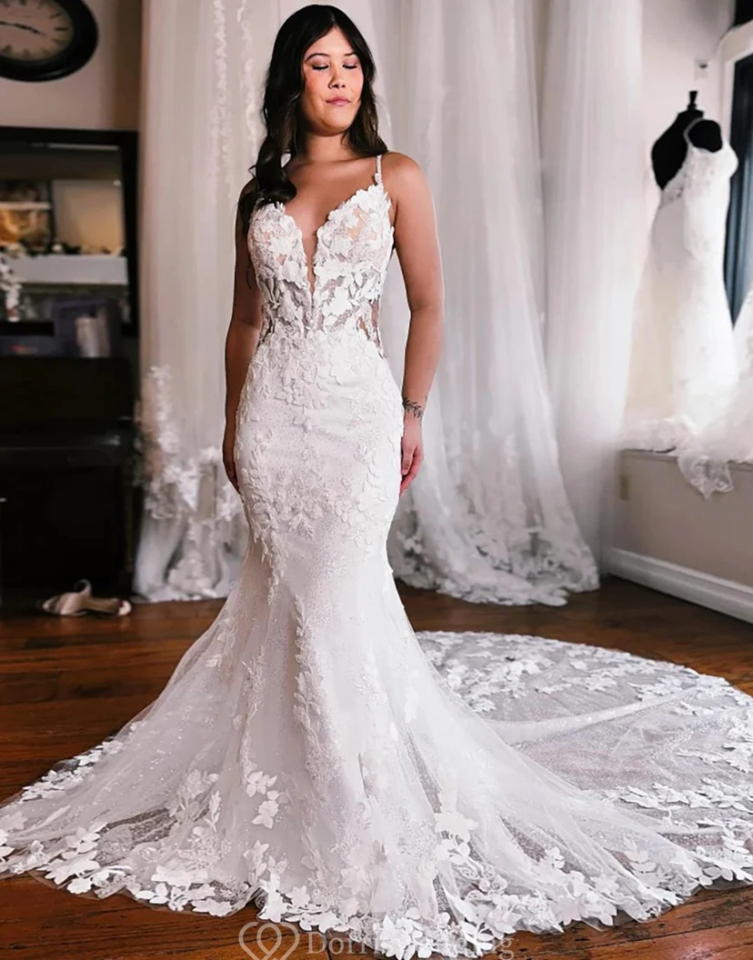 Illusion Lace Fit-and-Flare Wedding Dress with Plunging Neckline