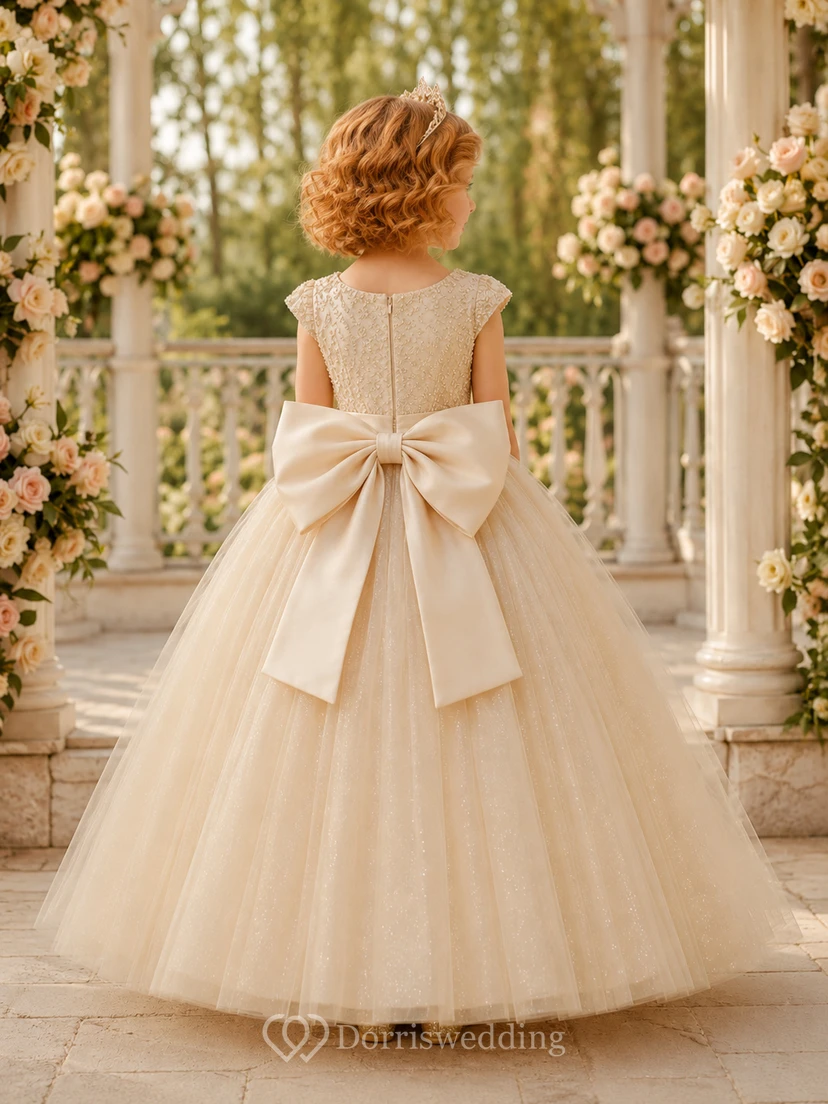 Flower Girl Dress Champagne Lace Tulle Ball Gown Jewel Neck Floor Length Bow Back view 2