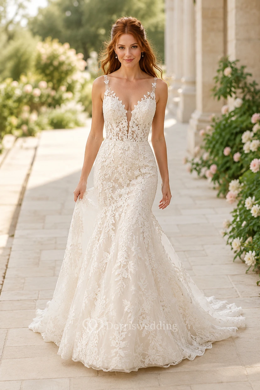 Brautkleid im Meerjungfrauenstil aus Spitze mit V-Ausschnitt, Trägern und Kapellenschleppe