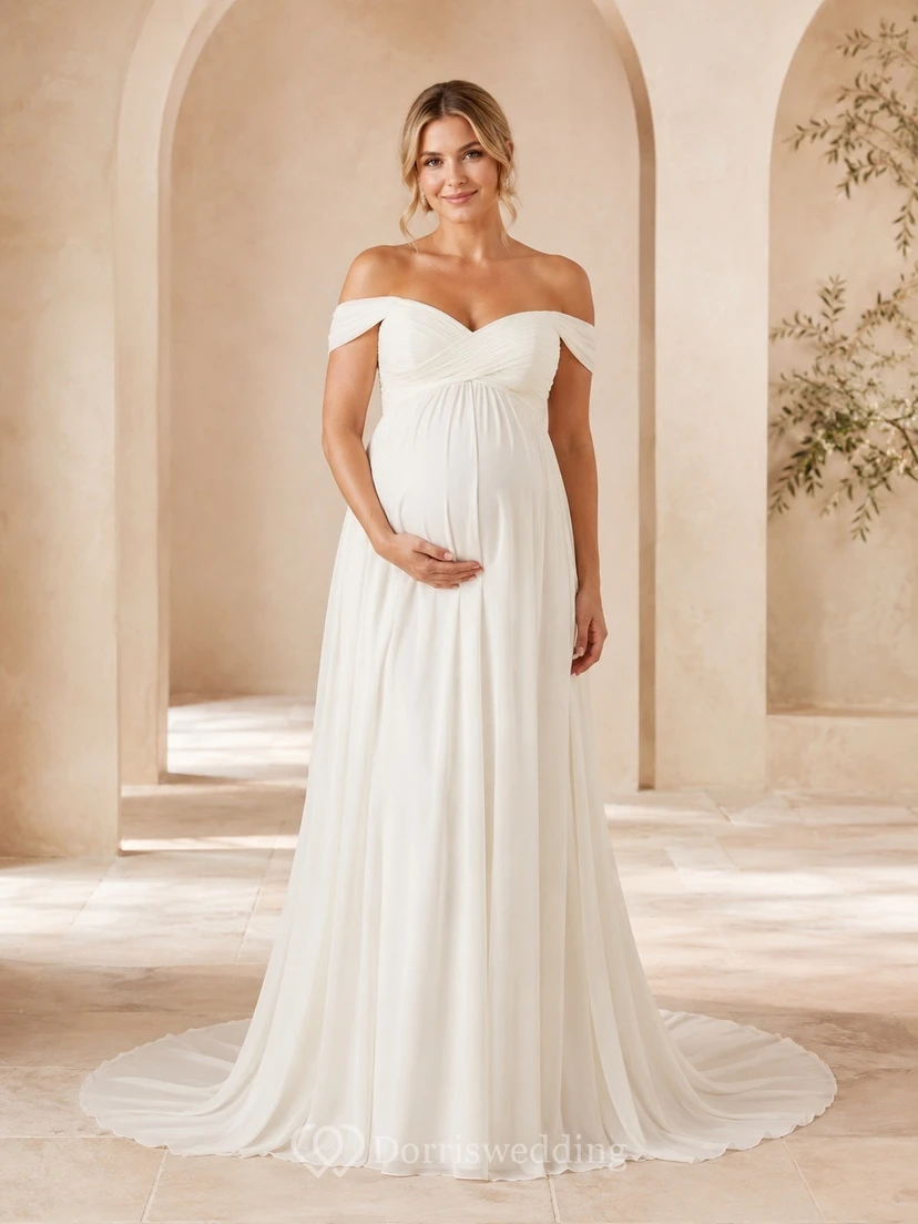 Vestido de novia sencillo de gasa con escote de hombros descubiertos y corte en A hasta el suelo
