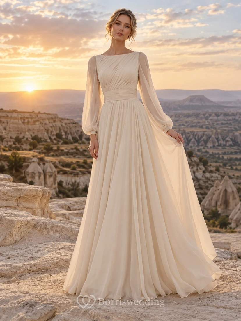 Langärmeliges, champagnerfarbenes Chiffon-Brautkleid mit U-Boot-Ausschnitt, Falten und A-Linien-Rock