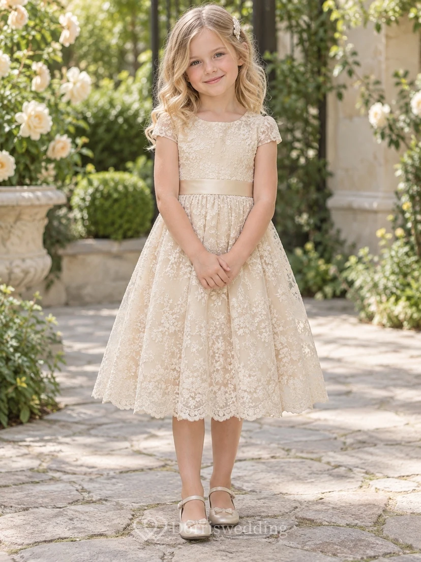 Tea-length Champagne Floral Scoop Cap Sleeve A-Line Gathered Lace Scalloped Hem Satin Waist Flowergirl Dress