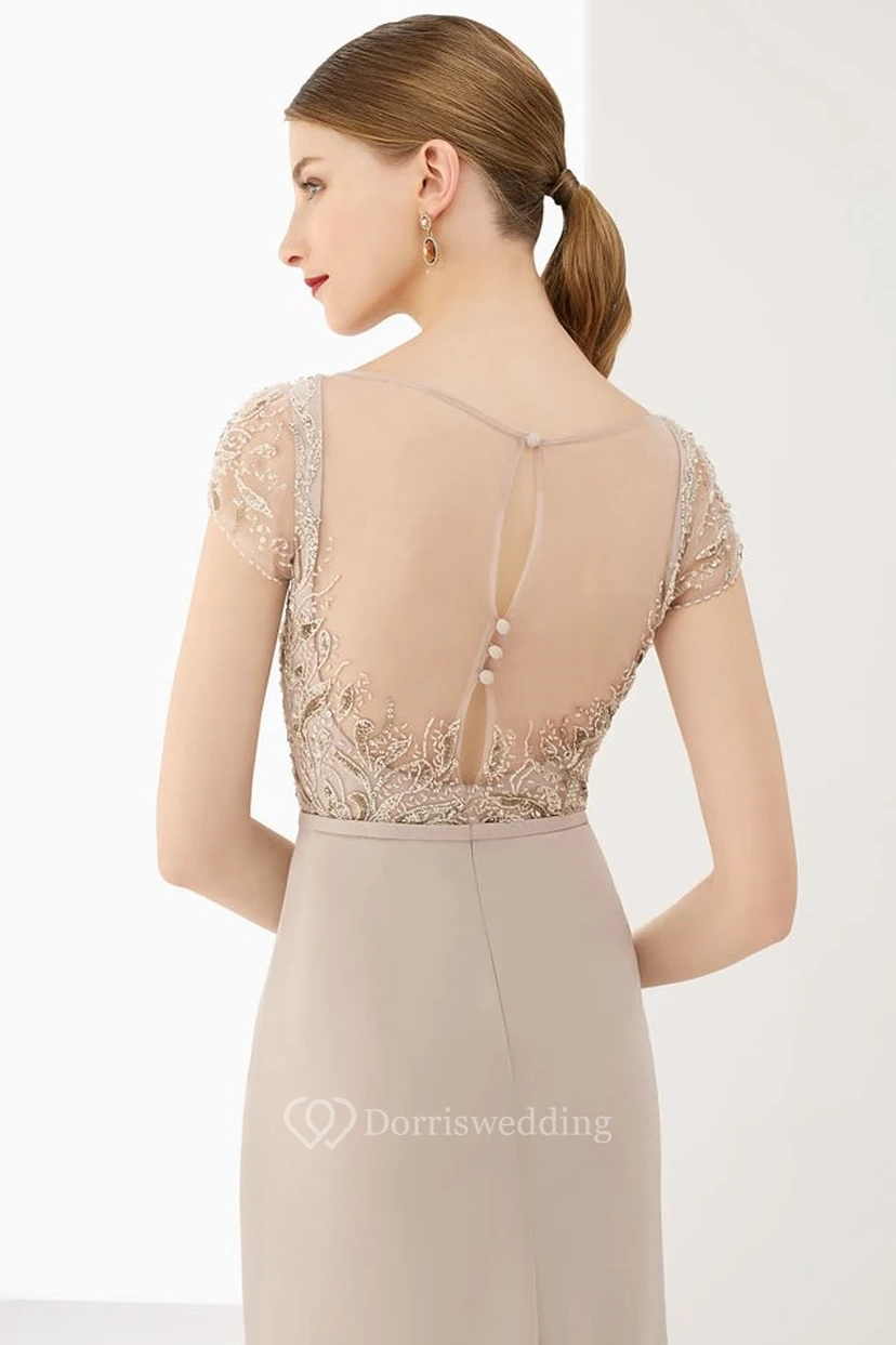 Illusion Neck Cap Sleeve Chiffon Long Prom Dress With Back Buttons And Keyholes view 2
