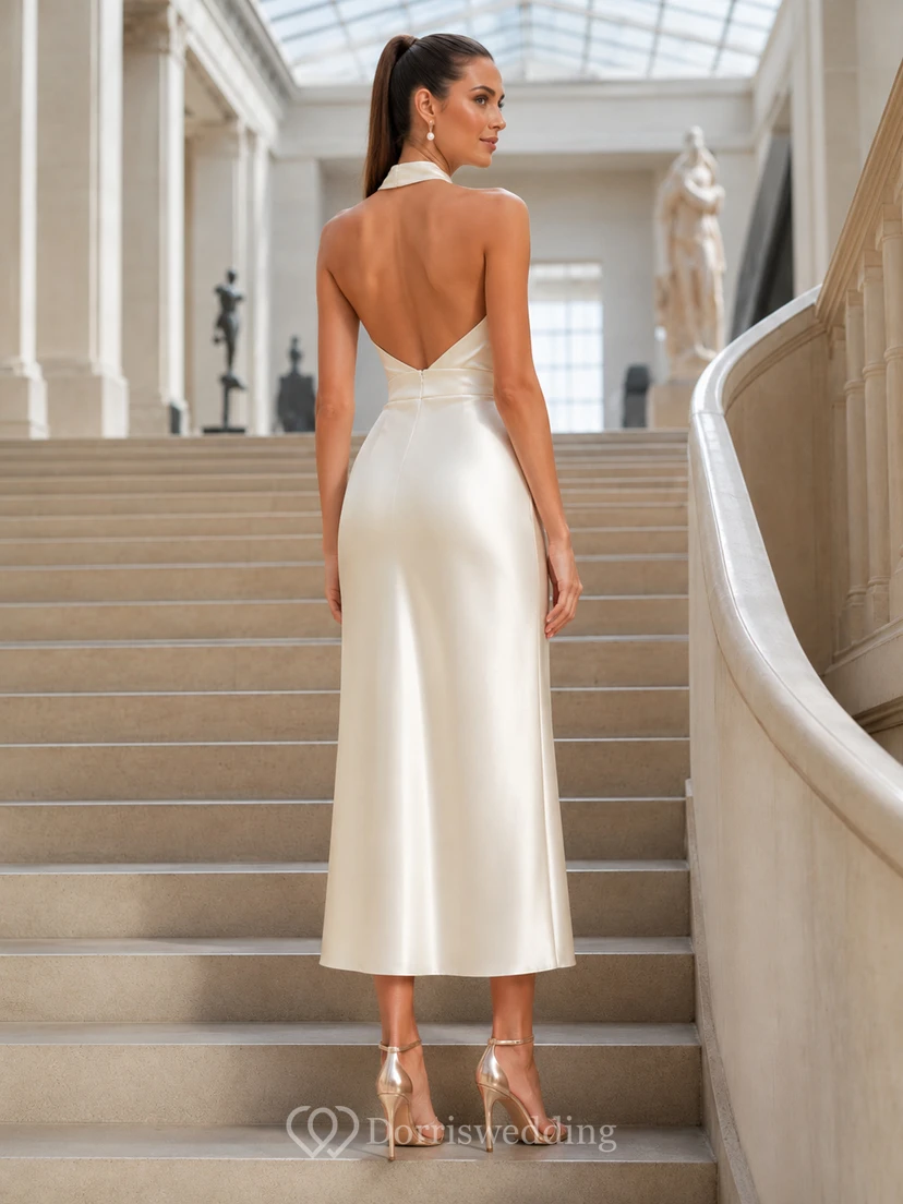 Vestido midi de satén color marfil con cuello halter y escote halter, ideal para recepciones en museos. view 2