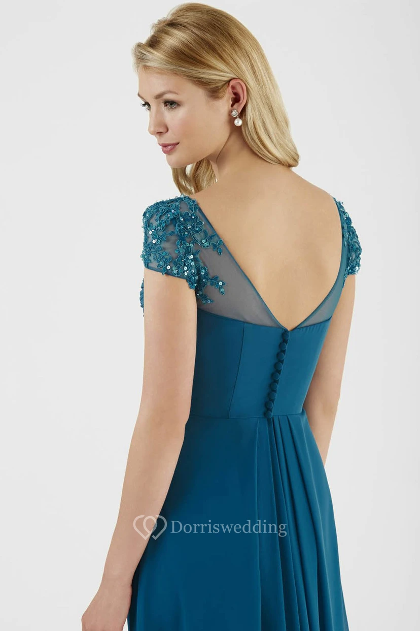 Scoop Maxi Empire Cap-Sleeve Beaded Chiffon Bridesmaid Dress With Ruching And V Back view 2