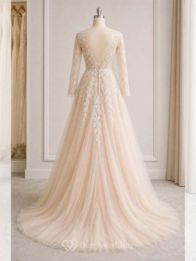 Elegante vestido de novia de corte A, largo hasta el suelo, con cola, mangas largas y apliques. view 8