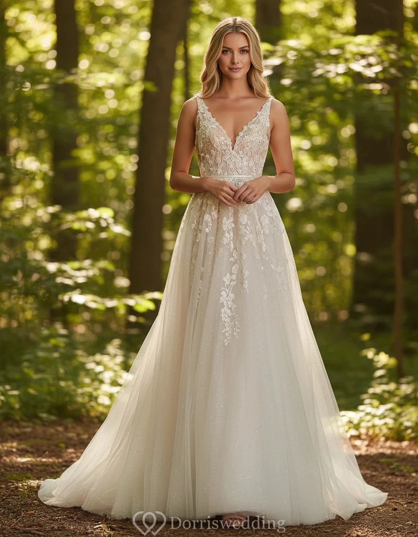 V-Neck Lace Tulle Wedding Dress