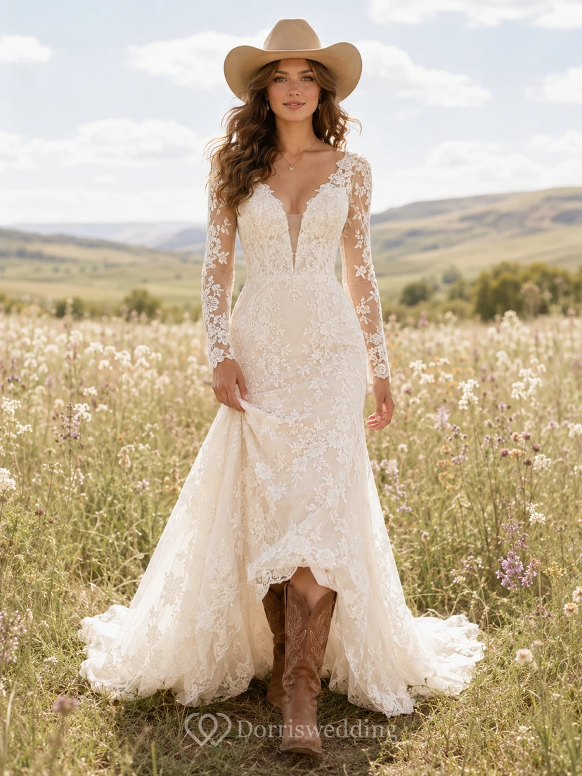 Country Romantic Elegant Sexy Mermaid Lace Wedding Dress with V-Neck Illusion Bodice Long Sleeve Floor-Length Train Split Skirt Low Back Deep V Detail Illusion Back