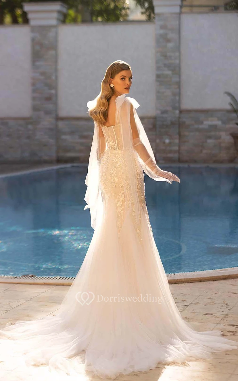 Notched Sweetheart A-line Mermaid Tulle Lace Princess Wedding Dress with Straps and Detachable Skirt view 5