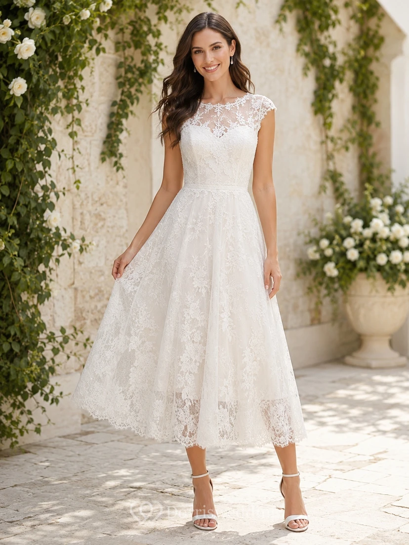 Romantic Lace Short Sleeve A Line Tea Length Bridal Reception Wedding Dress
