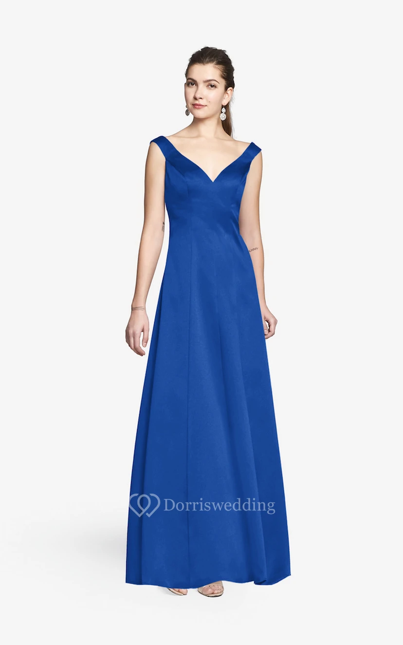 Simple V-neckline Floor-length Satin Dress With Cap Sleeves view 13