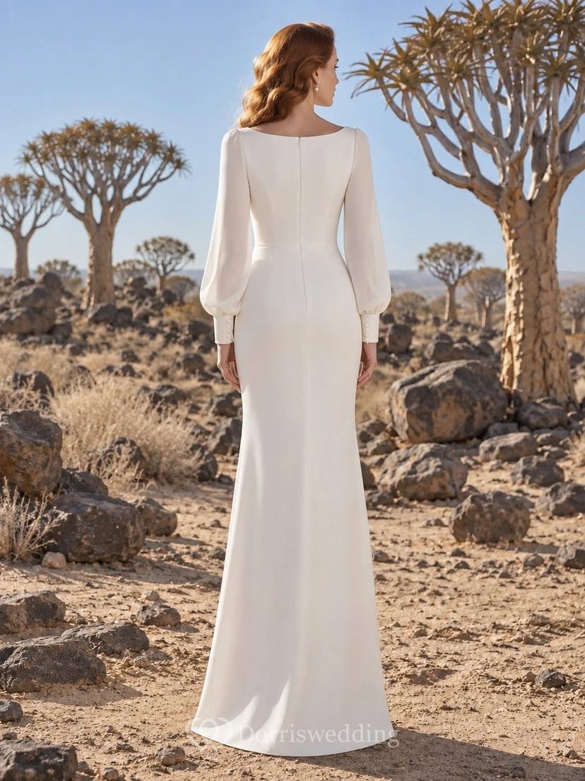 Vestido de novia sencillo, modesto, de manga larga, de satén y gasa, estilo tubo, largo hasta el suelo. view 2