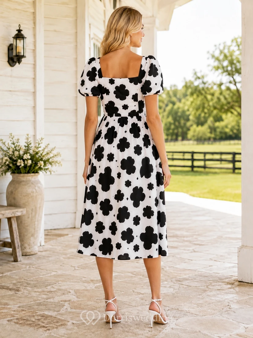 Schwarzes und weißes Landhauskleid mit Kuhmuster, quadratischen Puffärmeln, Teelänge und A-Linien-Schnitt view 2