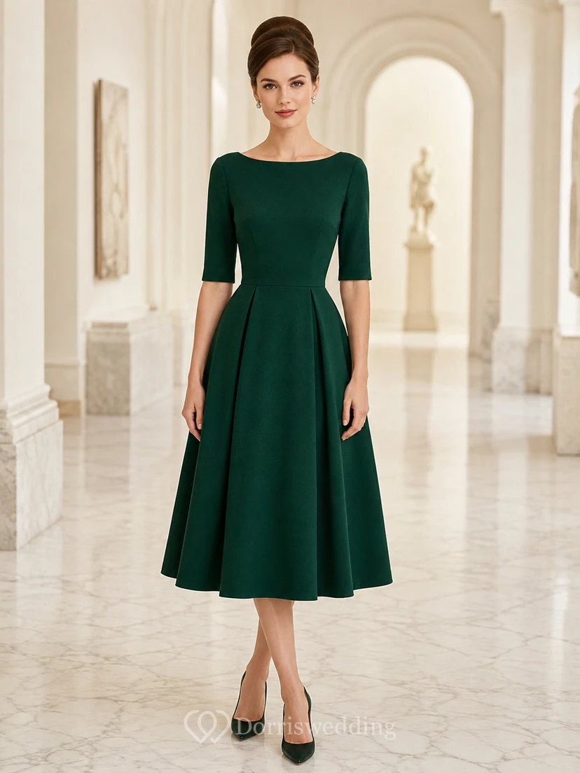 Vestido de cóctel de jersey de manga corta estilo barco vintage, corte en A, largo hasta la rodilla, color verde oscuro, modesto.
