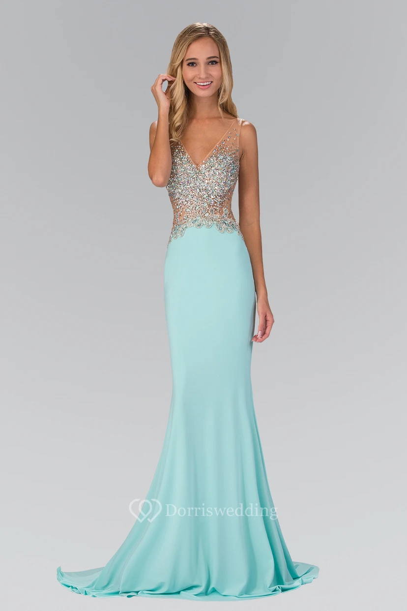 Sheath V-Neck Sleeveless Jersey Deep-V Back Dress With Beading