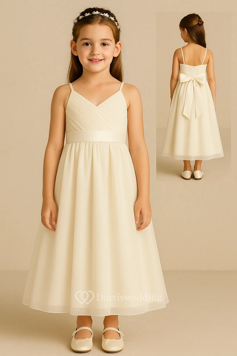 Adorable white Spaghetti A-line Flowergirl Dress with Bow