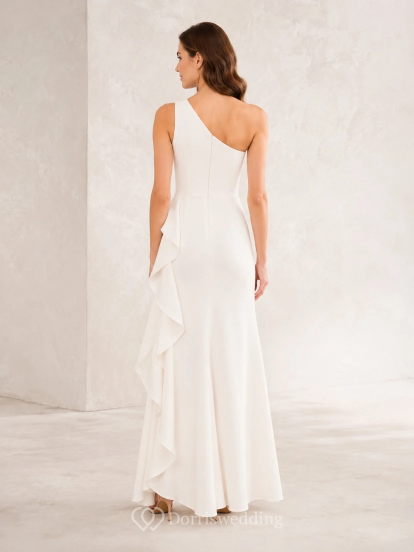White Modern Cascading Ruffle One-Shoulder Sheath Formal Evening Gown view 2