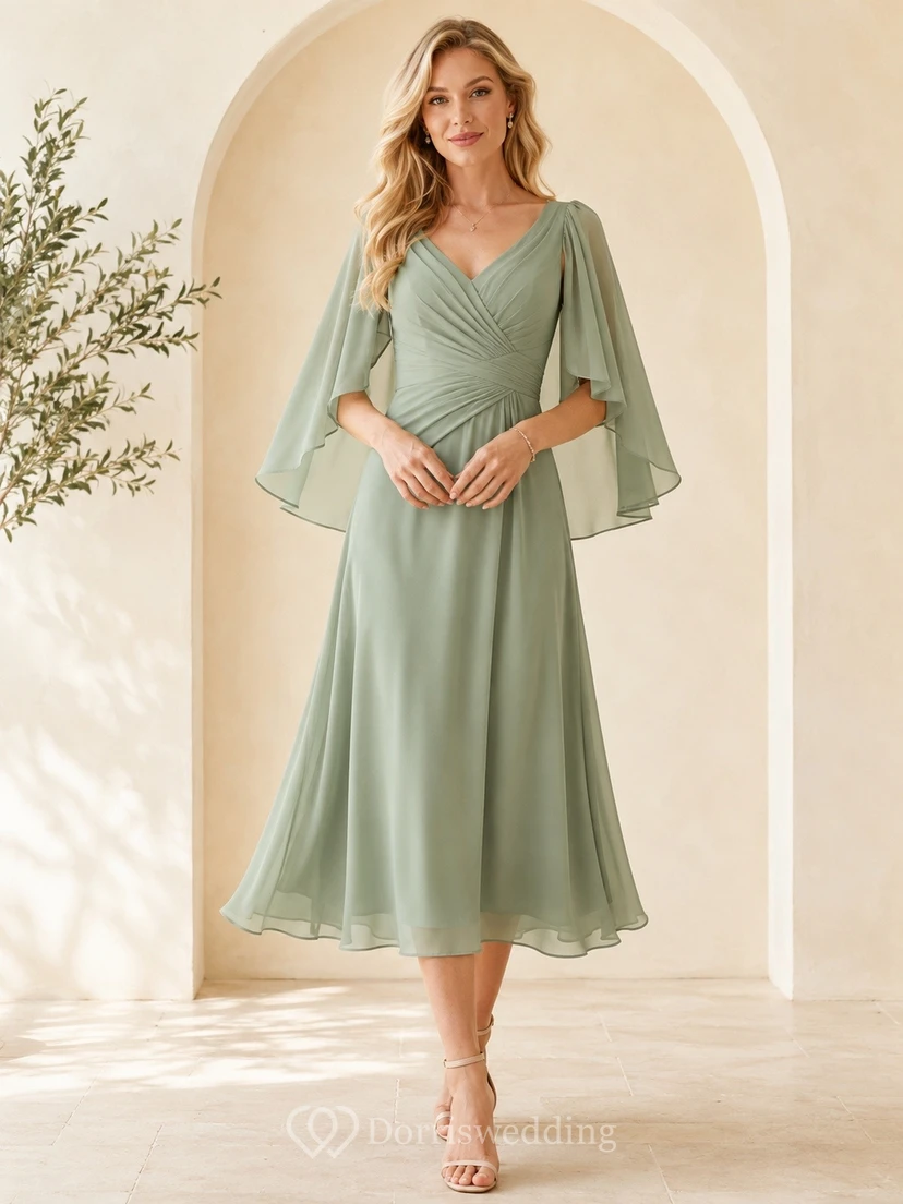 Olive Green V-Neck Bell Sleeve Midi A-Line Formal Dress