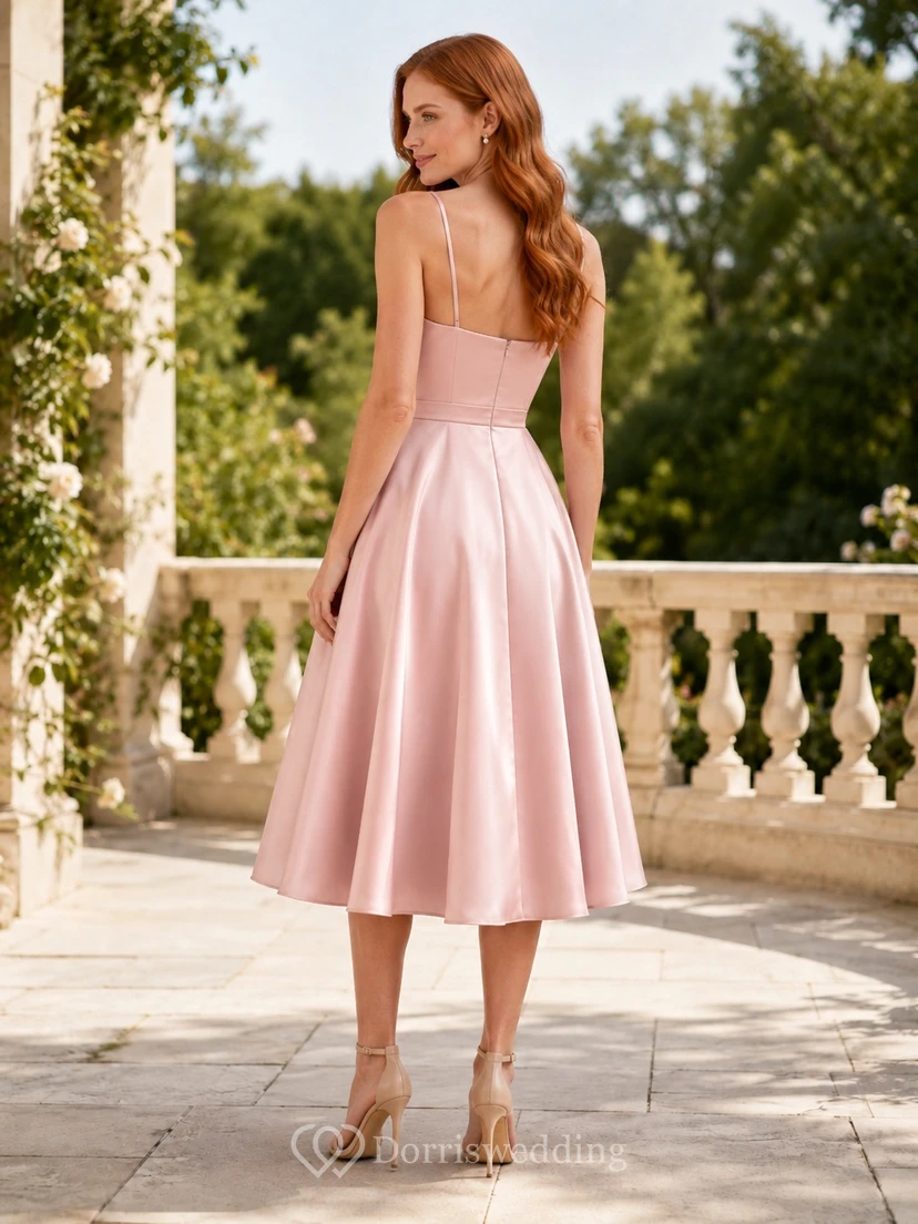 Perlmuttrosa, ärmelloses, plissiertes A-Linien-Gartenkleid aus Satin in Teelänge mit Herzausschnitt view 2