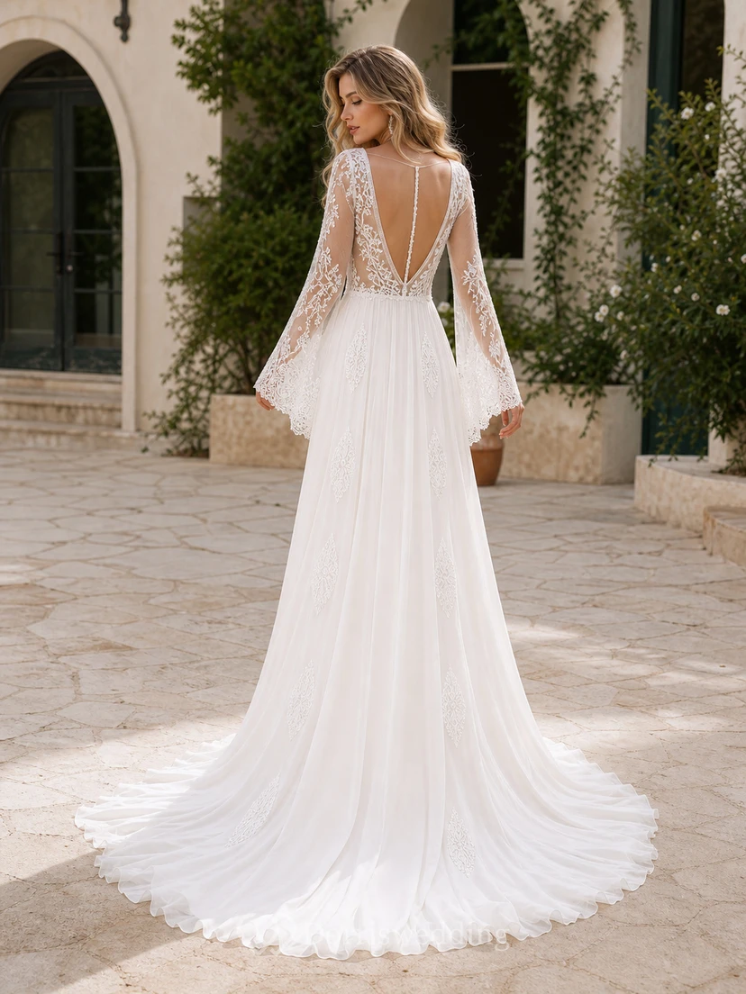 Bohemianisches A-Linien-Brautkleid aus Tüll, bodenlang, langärmelig, rückenfrei und gerafft view 2