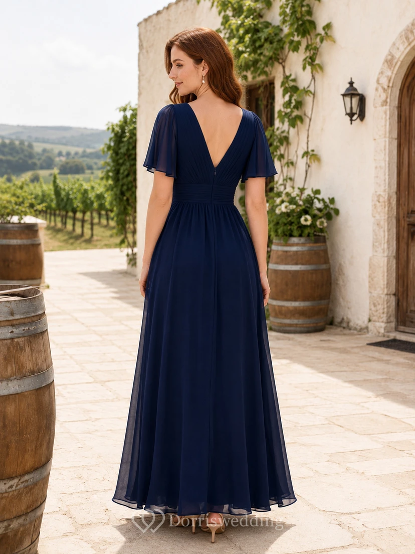 Dark Navy Rustic Vineyard Wedding Guest Bridesmaid Evening Formal Dress A-Line Floor-Length V-Neck Short Sleeve Chiffon Deep V Back view 2