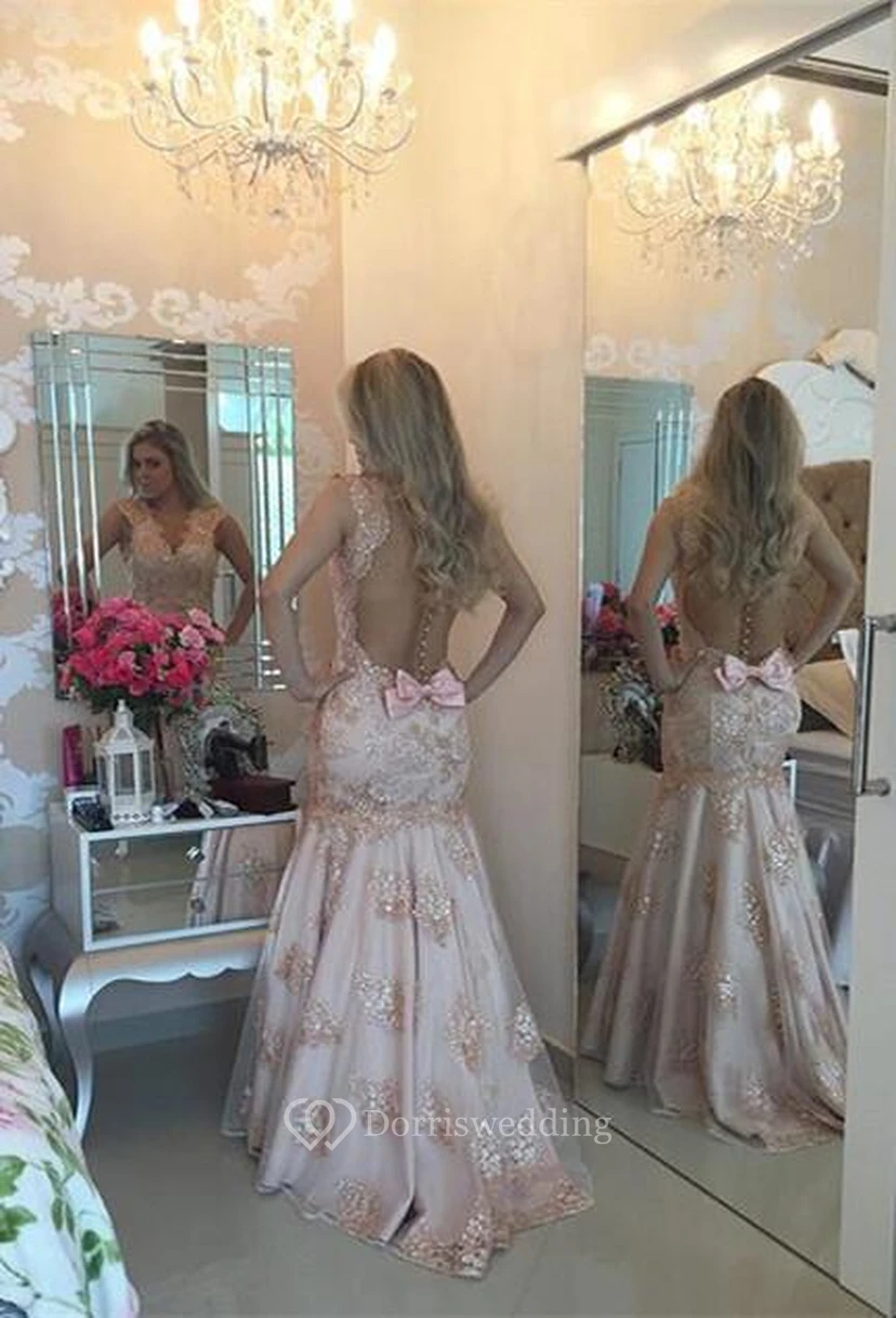 Modern V-neck Mermaid Evening Dress Sequins Sweep Train Bowknot view 2